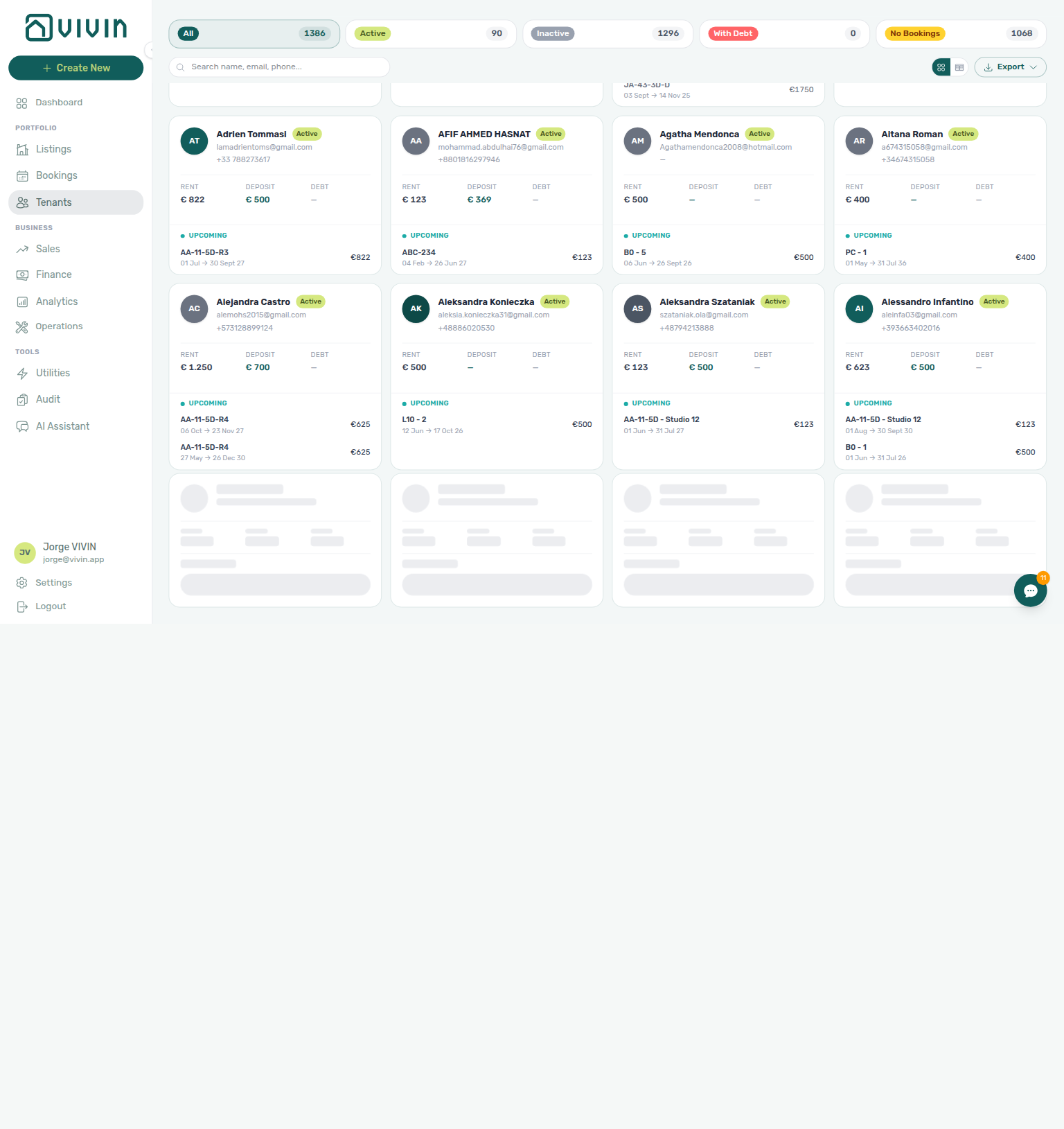 Tenants — grid directory loading the next page with skeleton placeholder cards at the bottom