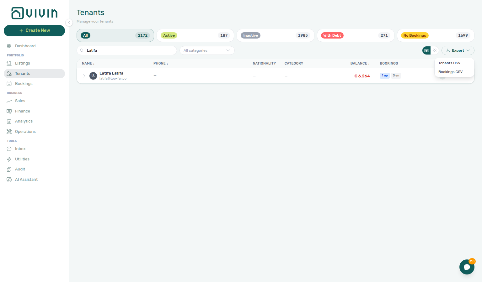 Tenants — Export menu (Tenants CSV and Bookings CSV) with search narrowed to a single tenant