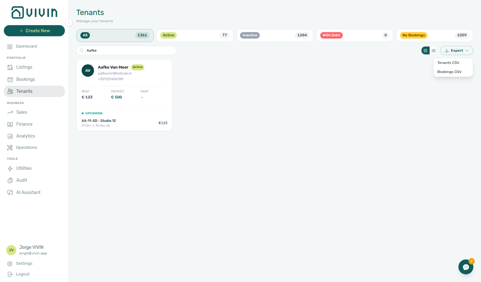 Tenants — Export menu (Tenants CSV and Bookings CSV) with search narrowed to a single tenant