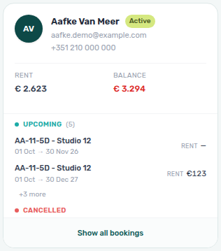 Tenants — grid card collapsed with Show all bookings under Upcoming / Cancelled previews