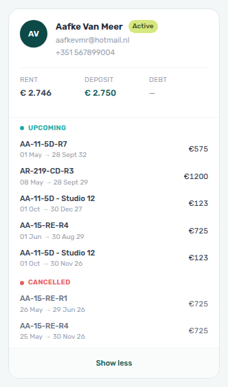 Tenants — grid card expanded with Show all bookings revealing additional reservation rows