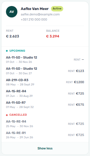 Tenants — grid card expanded with Show all bookings revealing additional reservation rows