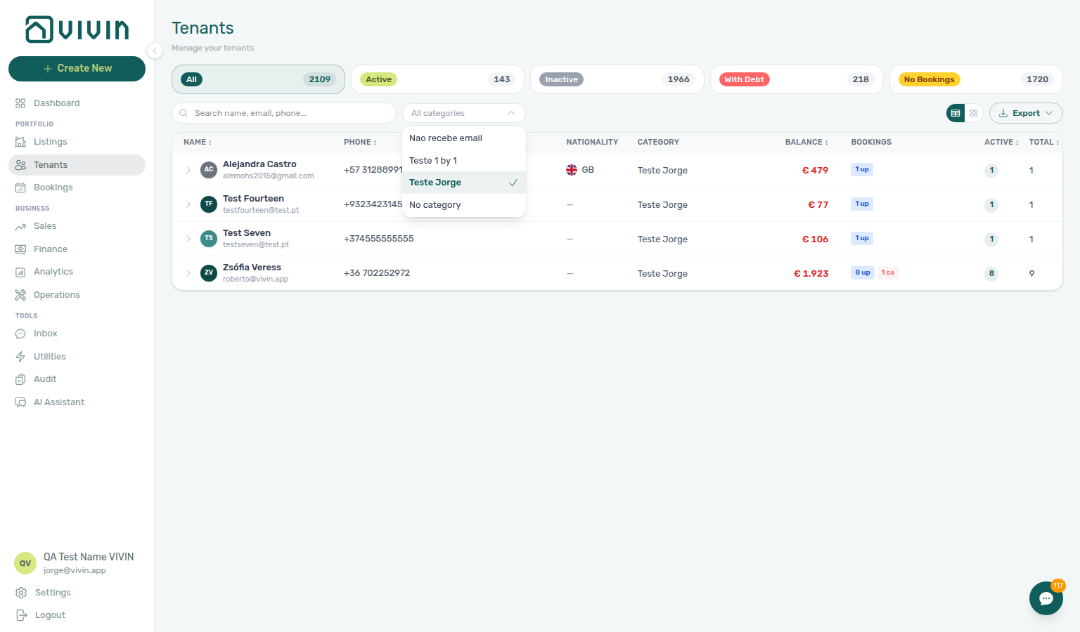 Tenants — toolbar tenant category filter with one segment active and narrowed directory