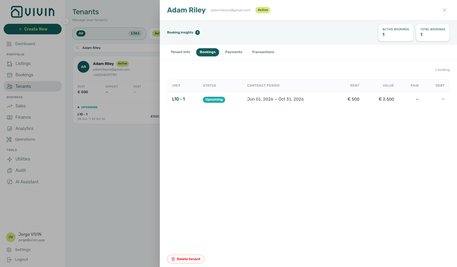Tenants — detail sidebar Bookings tab listing linked reservations
