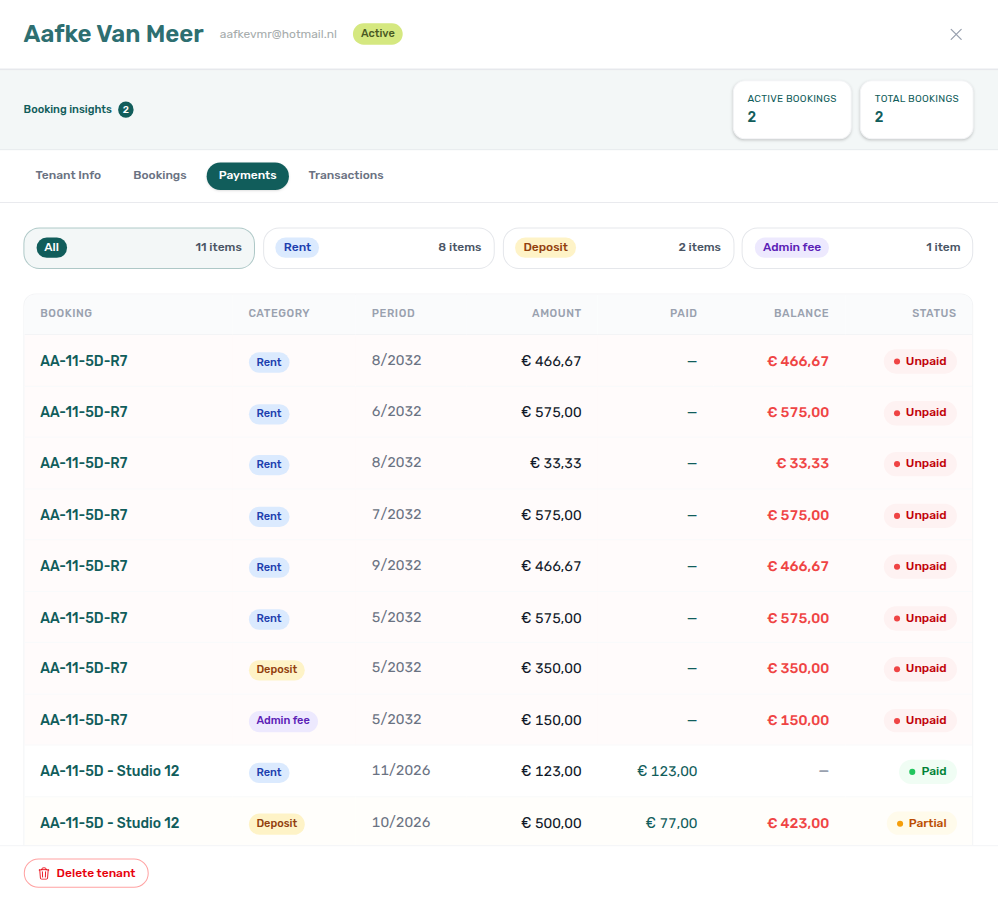 Tenants — detail sidebar Payments tab with scheduled charges across linked bookings