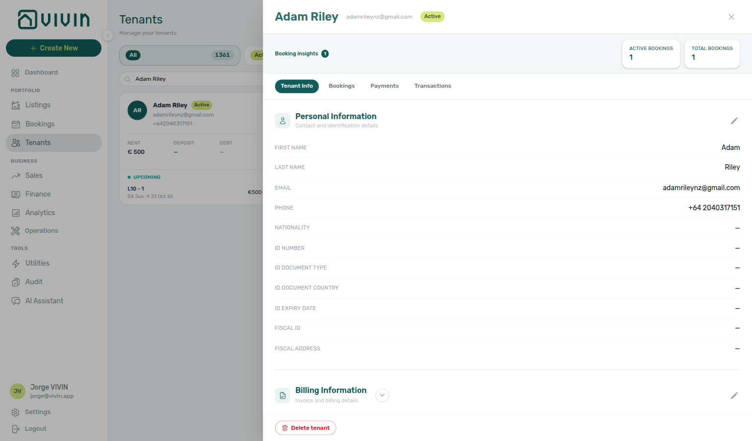Tenants — detail sidebar on Tenant Info with personal and billing sections