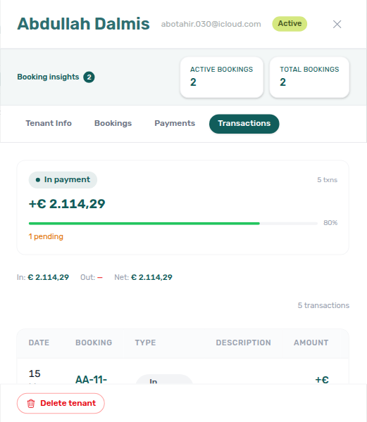 Tenants — detail sidebar Transactions tab with received payments and allocation summary
