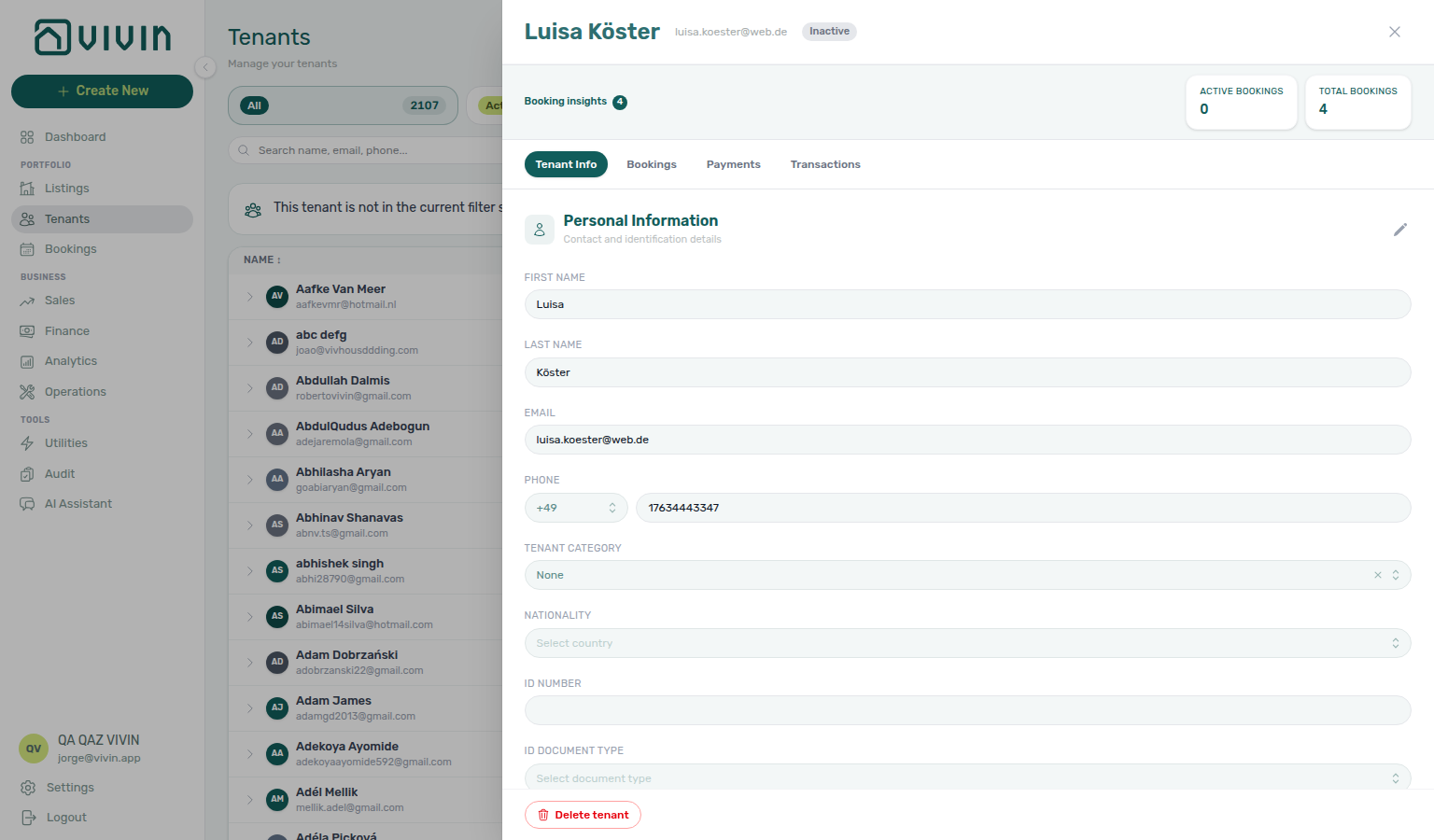 Tenants — Tenant Info edit mode with personal fields and category selector (example tenant Luisa Köster)