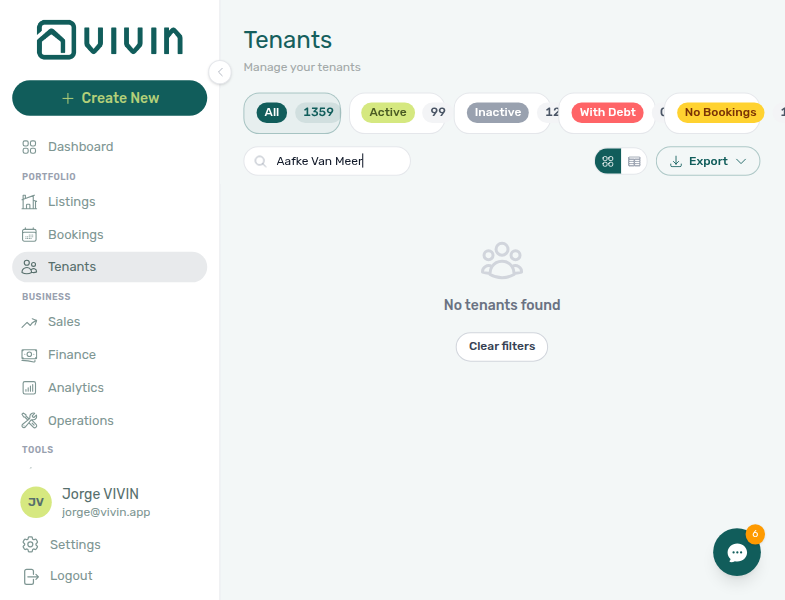 Tenants — grid directory with search narrowed to a single row