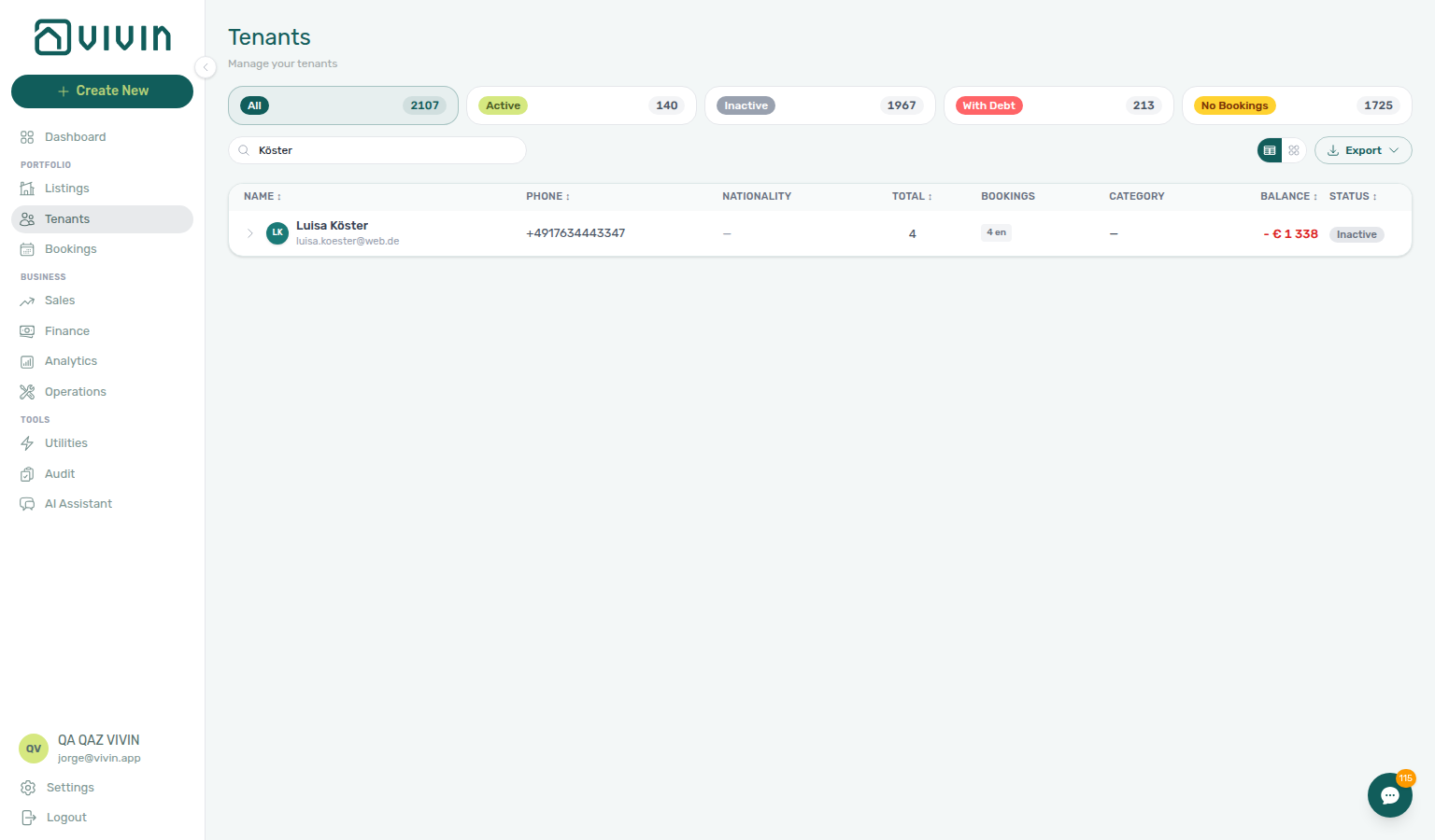 Tenants — grid directory with status pills (All, Active, Inactive, With Debt, No Bookings) and toolbar