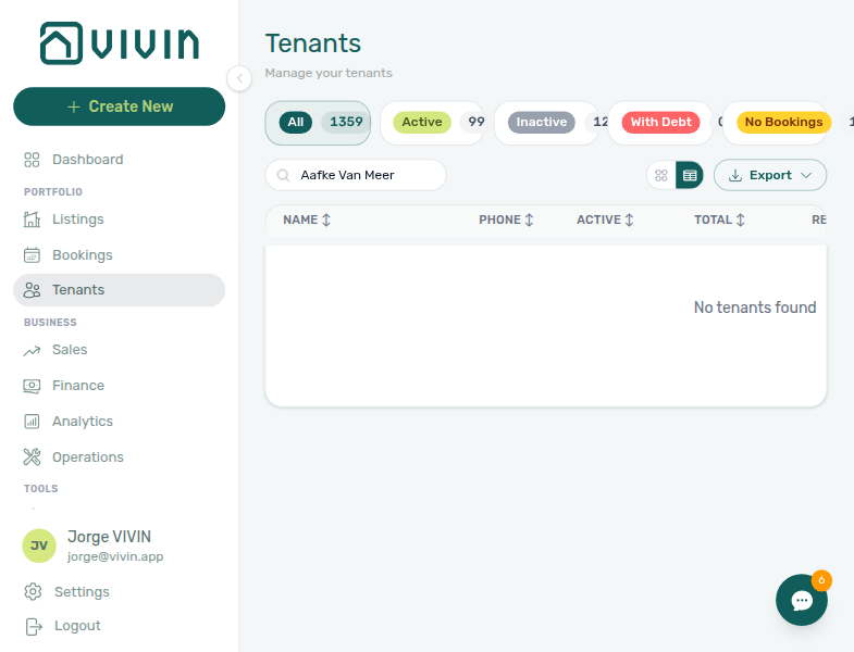 Tenants — table view with the same search filter
