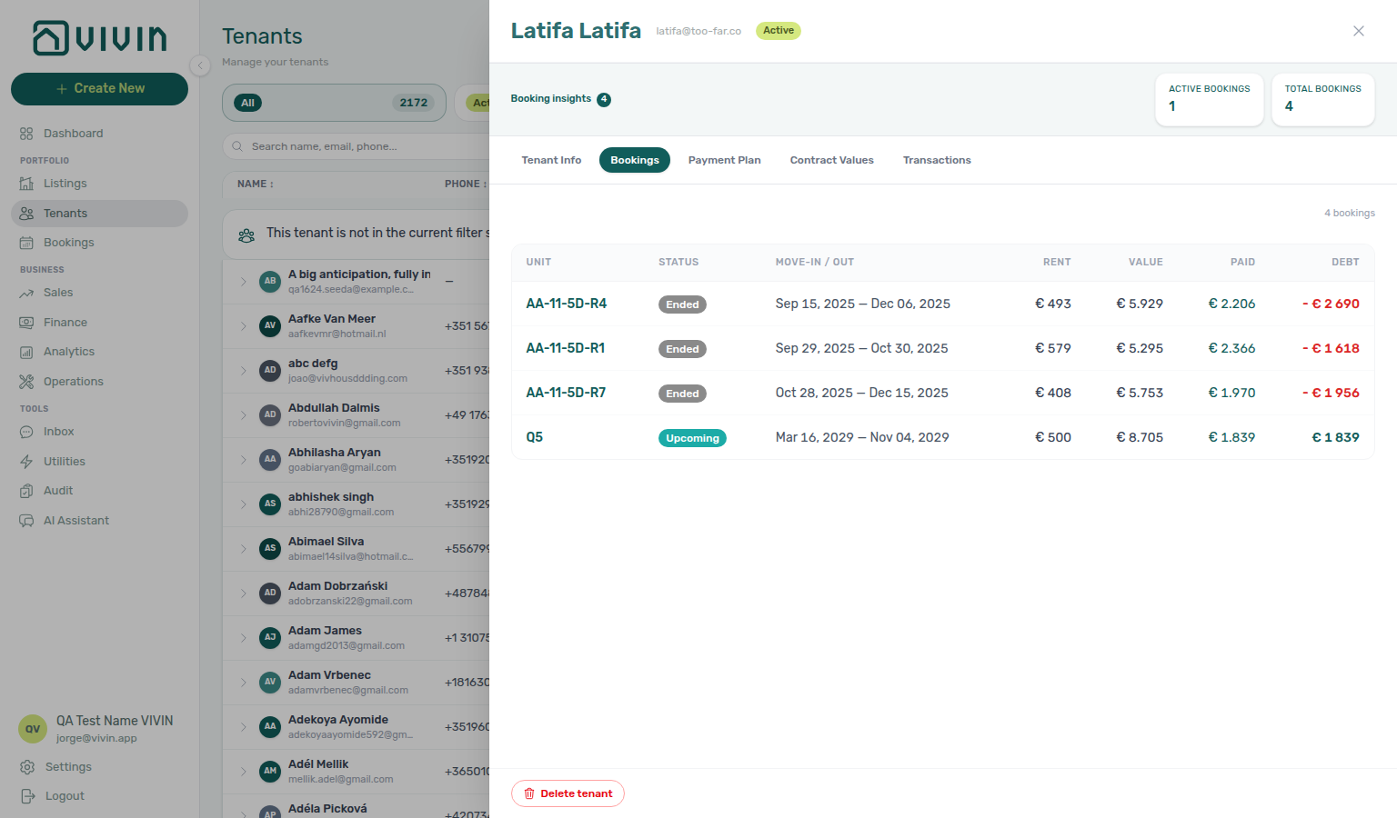 Tenants — sidebar Bookings tab with the same chronological / unit order