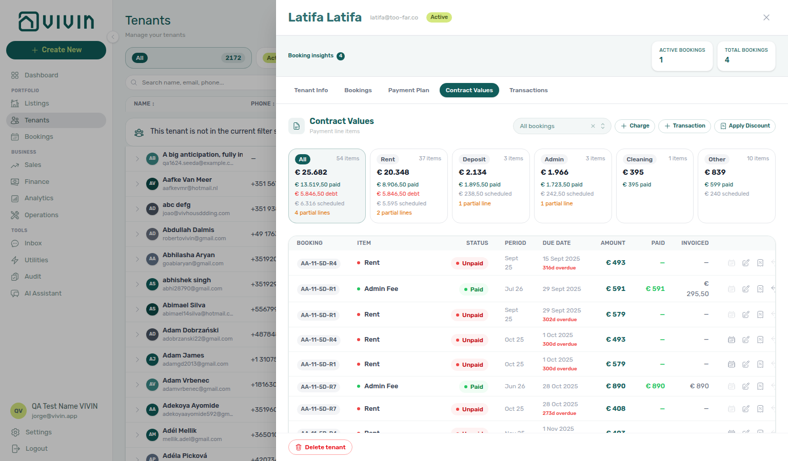 Tenants — Contract Values consolidated table with unit Booking labels