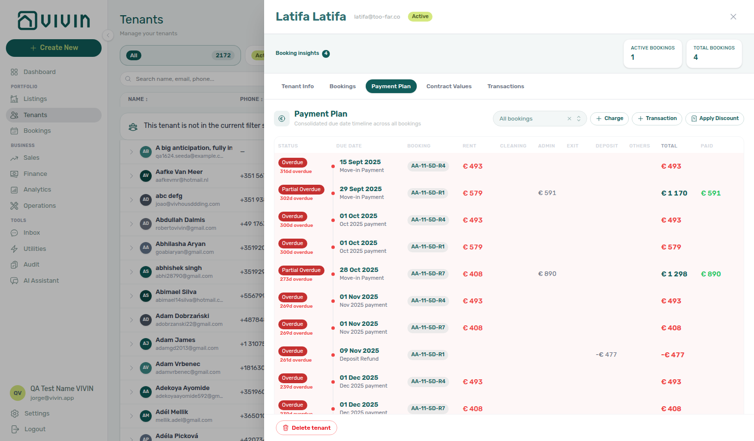 Tenants — Payment Plan tab with unit Booking labels and All bookings filter