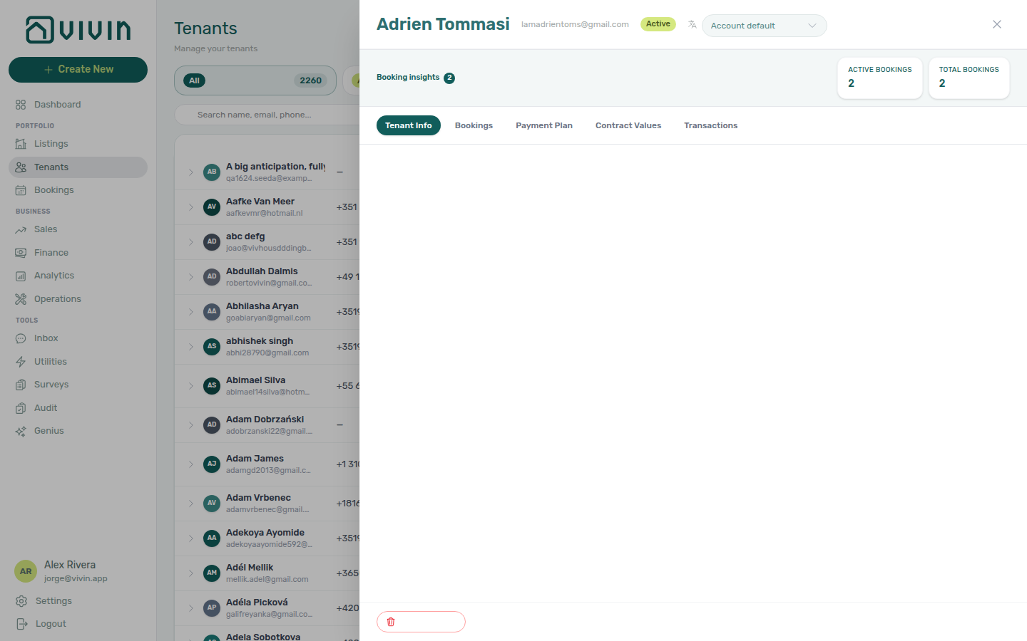 Tenants — detail sidebar open with Portal language in the header