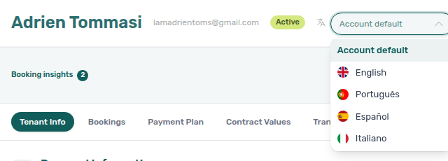 Tenants — Portal language menu (Account default, English, Português, Español, Italiano)