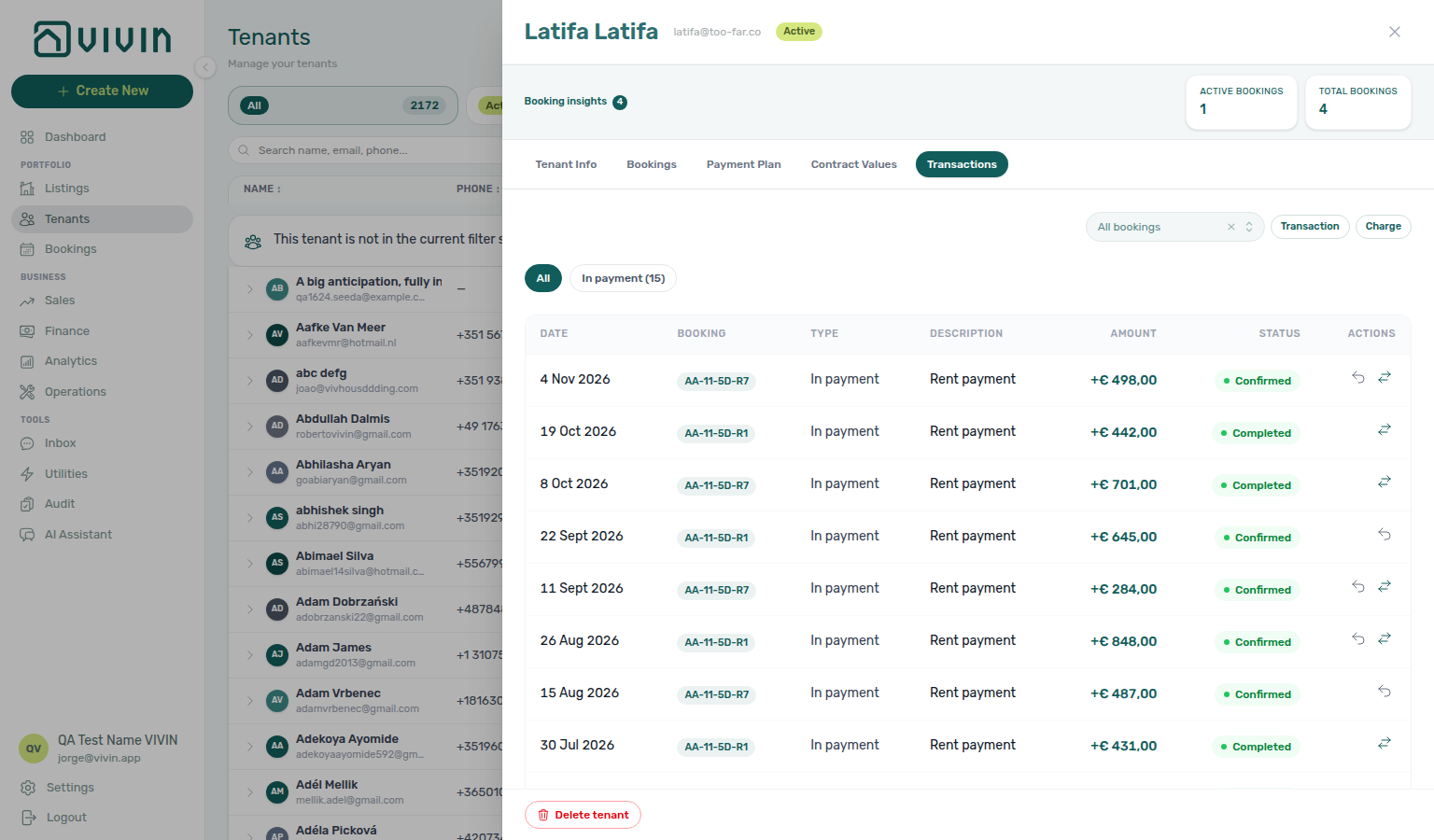 Tenants — detail sidebar Transactions tab with unit Booking labels and All bookings filter