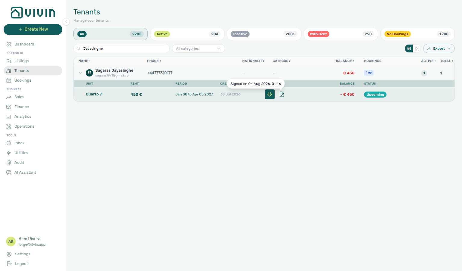 Tenants — table expand for Sagaras Jayasinghe, CT check with Signed on tooltip