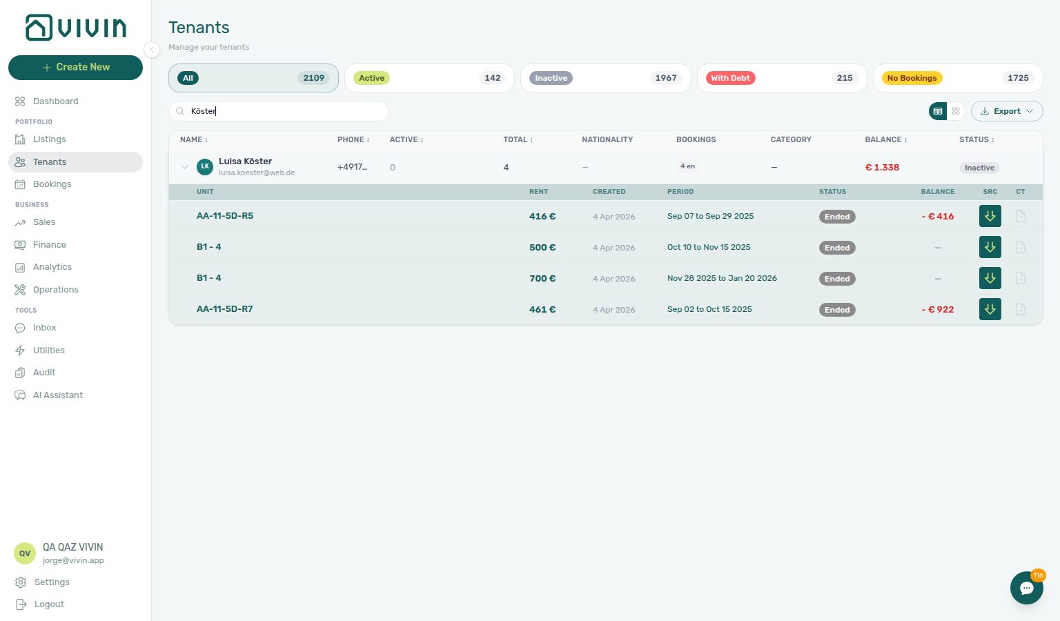 Tenants — table view with one row expanded showing Unit / Rent / Balance booking sub-table