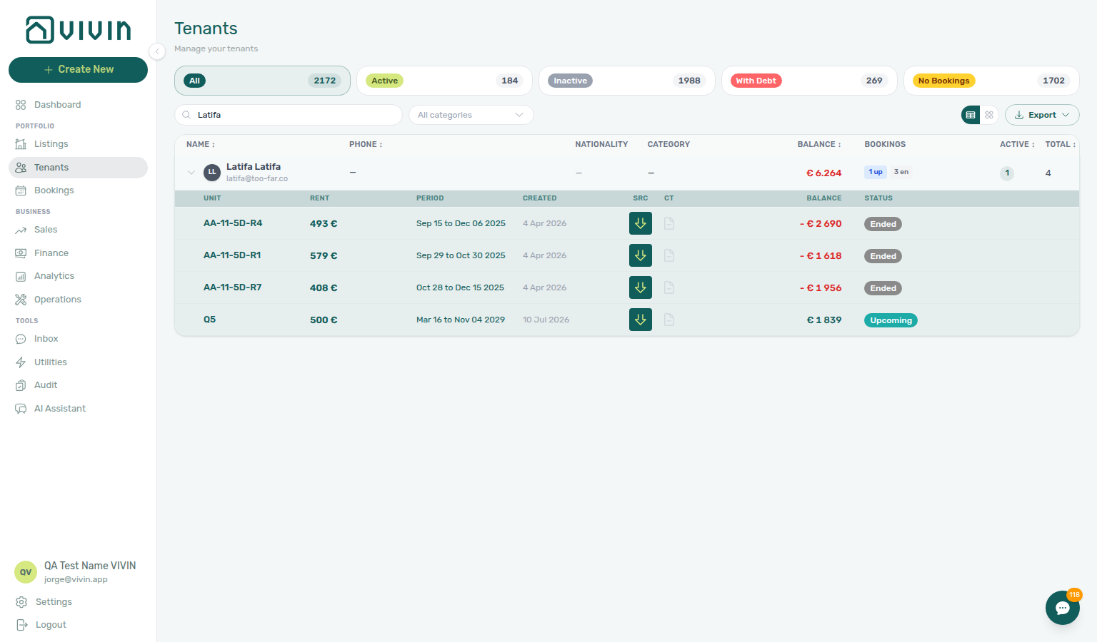 Tenants — table expand with linked bookings ordered by check-in then unit