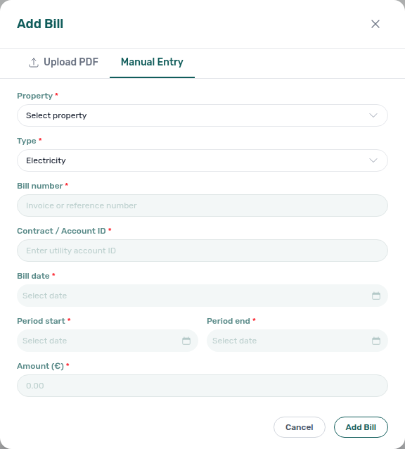 Utilities — Add Bill modal, Manual Entry tab with property, utility type, billing period, and amount
