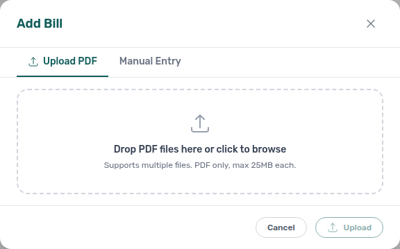 Utilities — Add Bill modal, Upload PDF tab with drag-and-drop for AI extraction