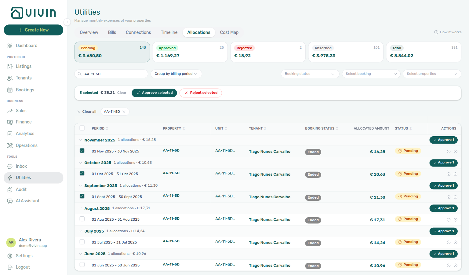 Utilities Allocations — Pending rows selected with Approve selected and Reject selected bulk bar