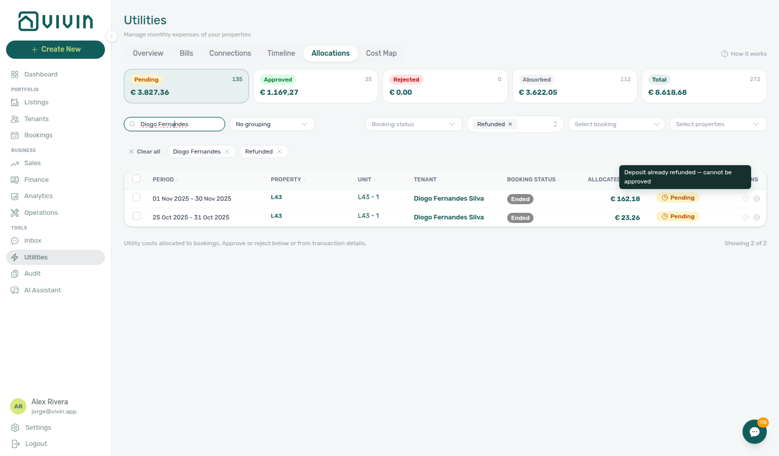 Utilities Allocations — disabled Approve tooltip Deposit already refunded — cannot be approved
