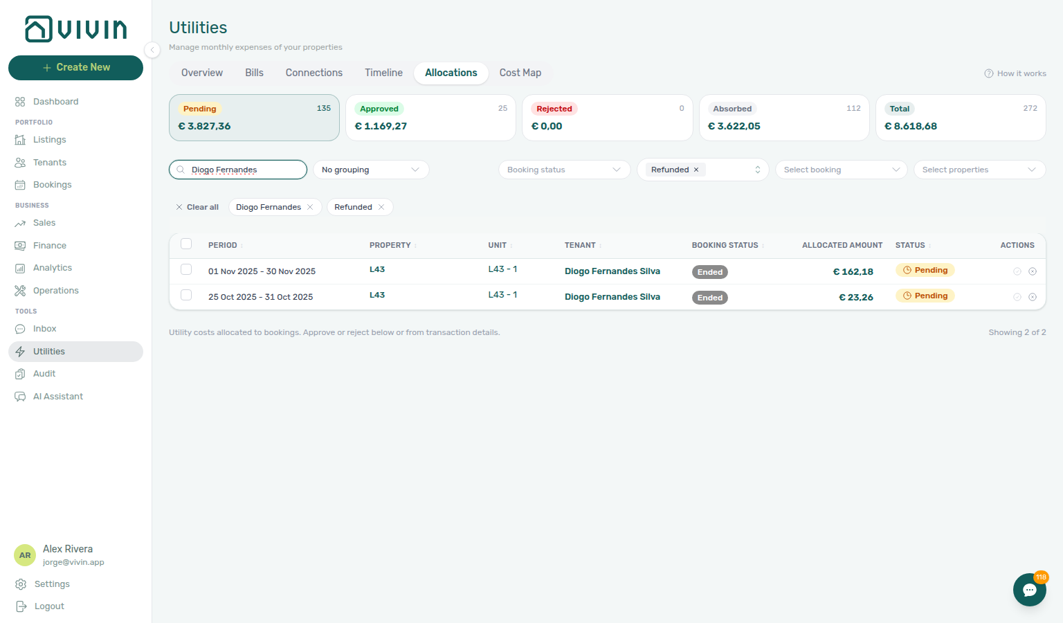 Utilities Allocations — Pending scope, Deposit status Refunded, Diogo Fernandes Silva on L43