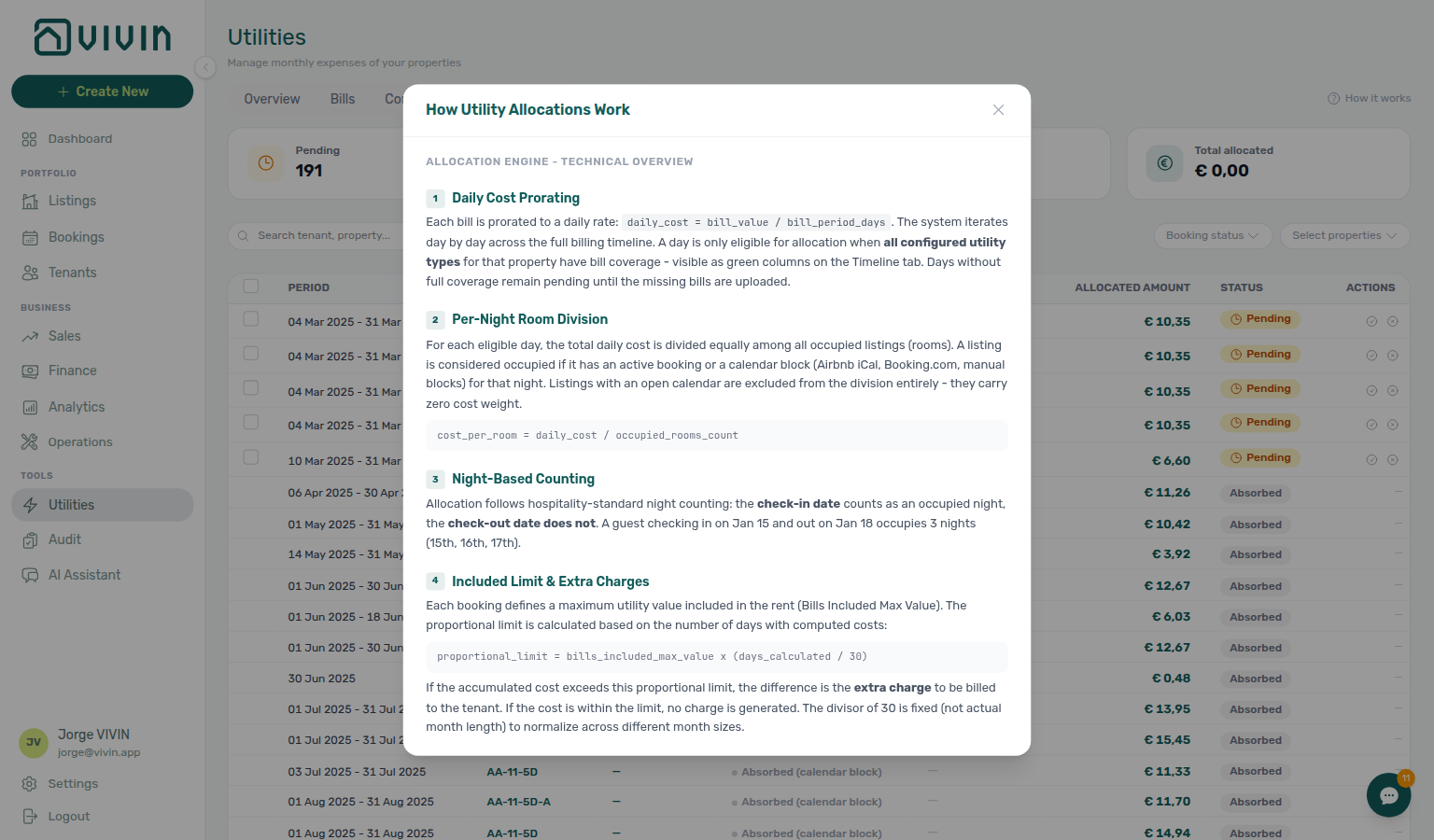 Utilities Allocations tab — How it works explainer modal