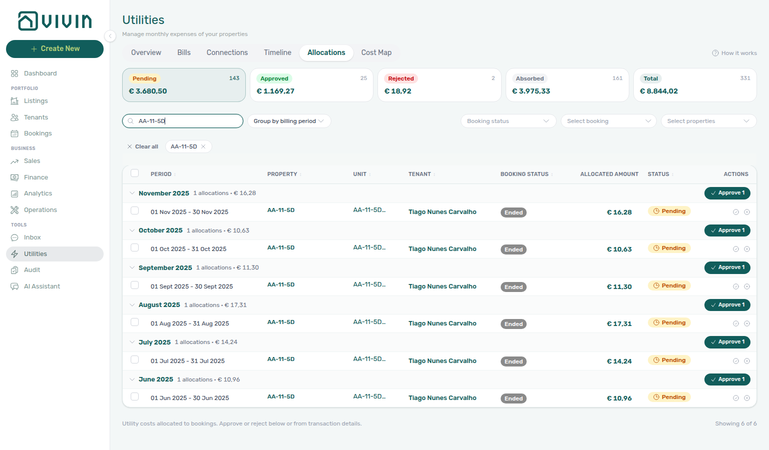 Utilities Allocations tab — Pending scope card with pending rows and Approve actions