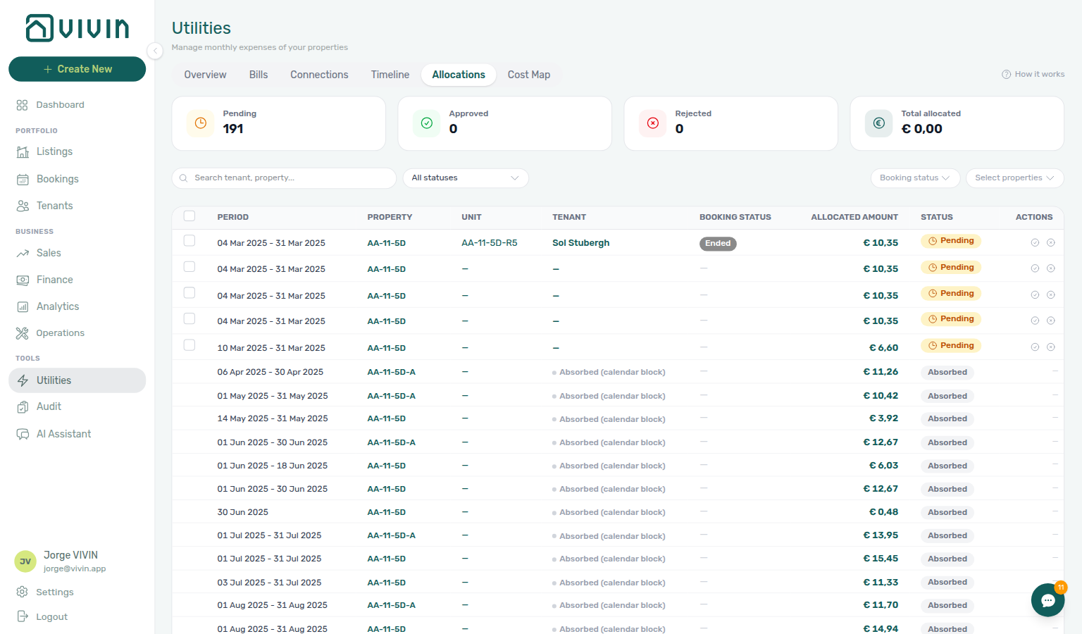 Utilities Allocations tab — Pending status filter with pending rows in the list