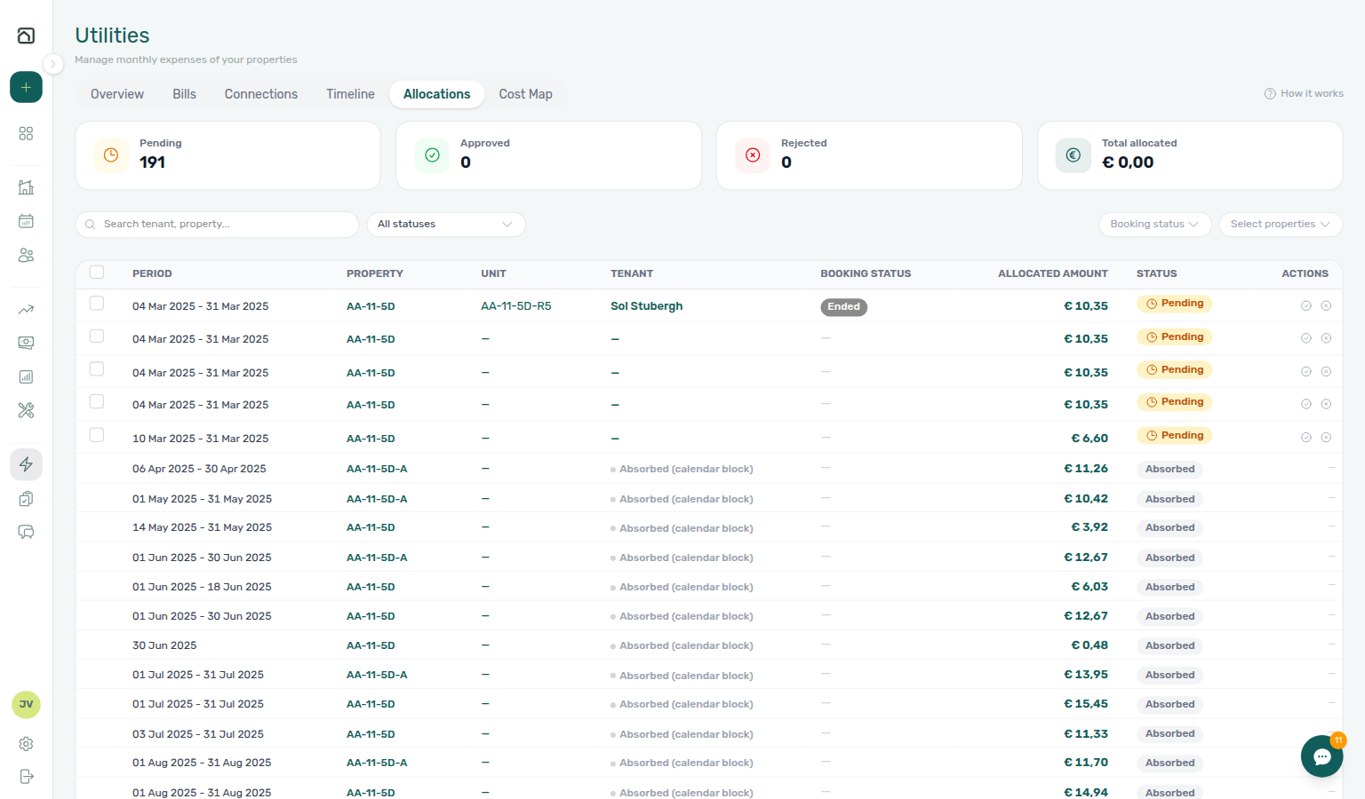 Utilities — Allocations tab with expanded row breakdown for overage math review