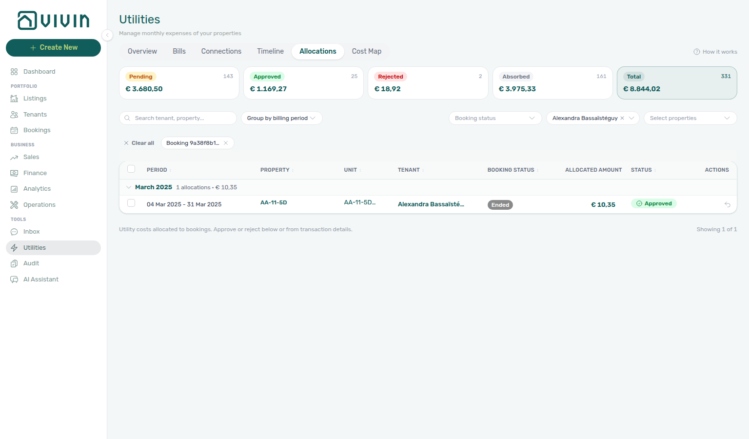 Utilities Allocations — table filtered to one booking with Booking chip and tenant trigger