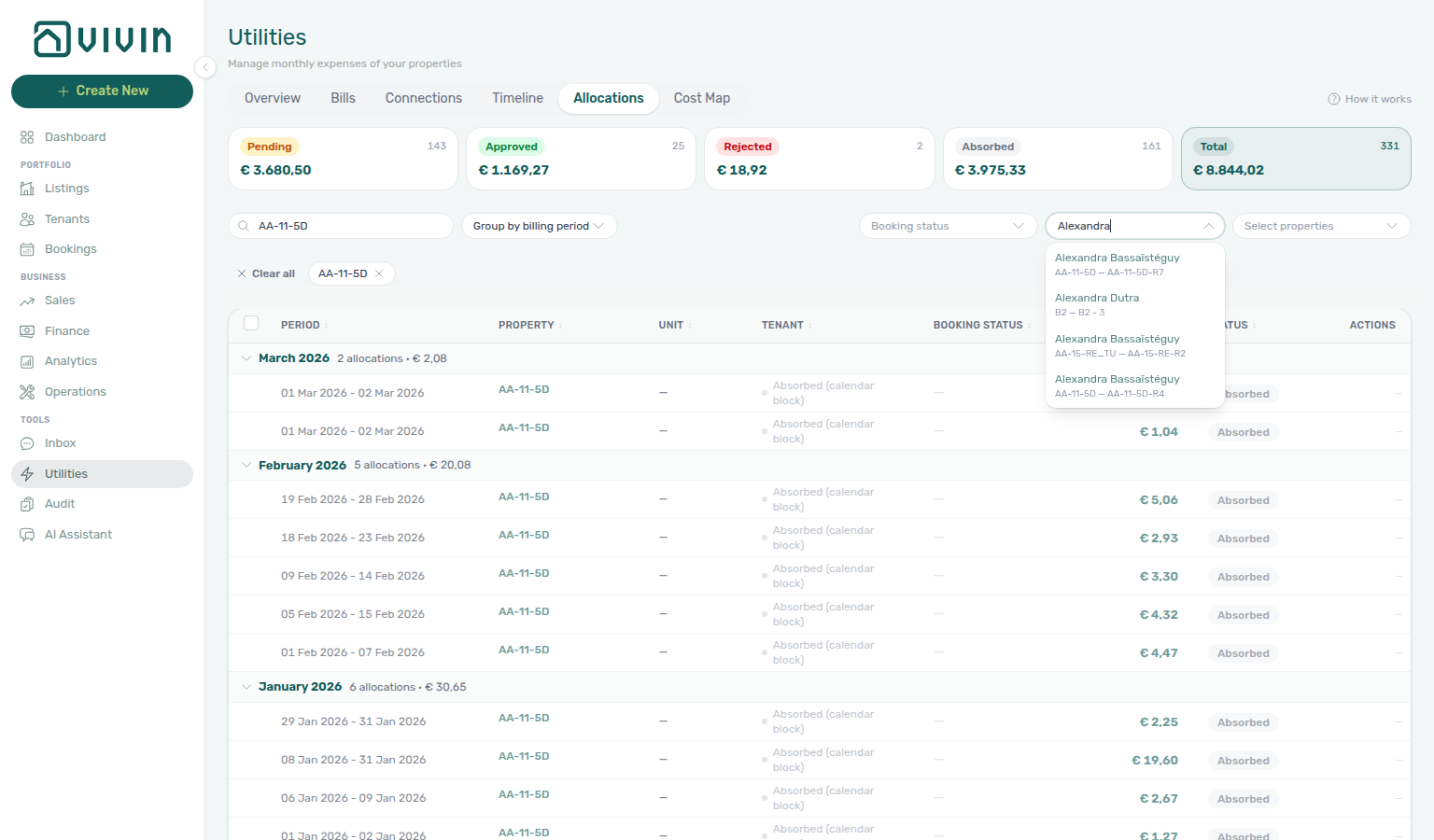 Utilities Allocations — Select booking picker open with Alexandra search results