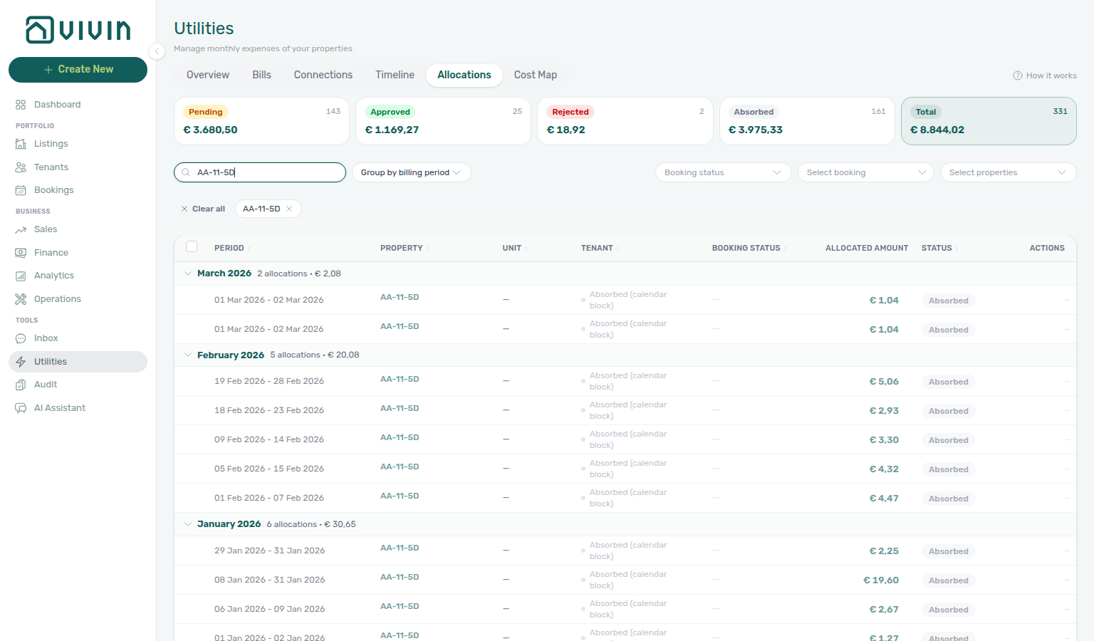 Utilities Allocations tab — Total allocated with Group by billing period and allocation list