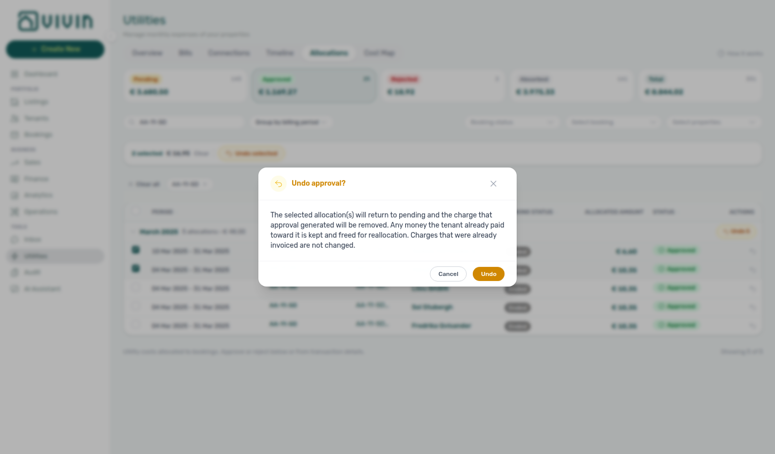 Utilities Allocations — Undo approval confirmation modal (return to pending)