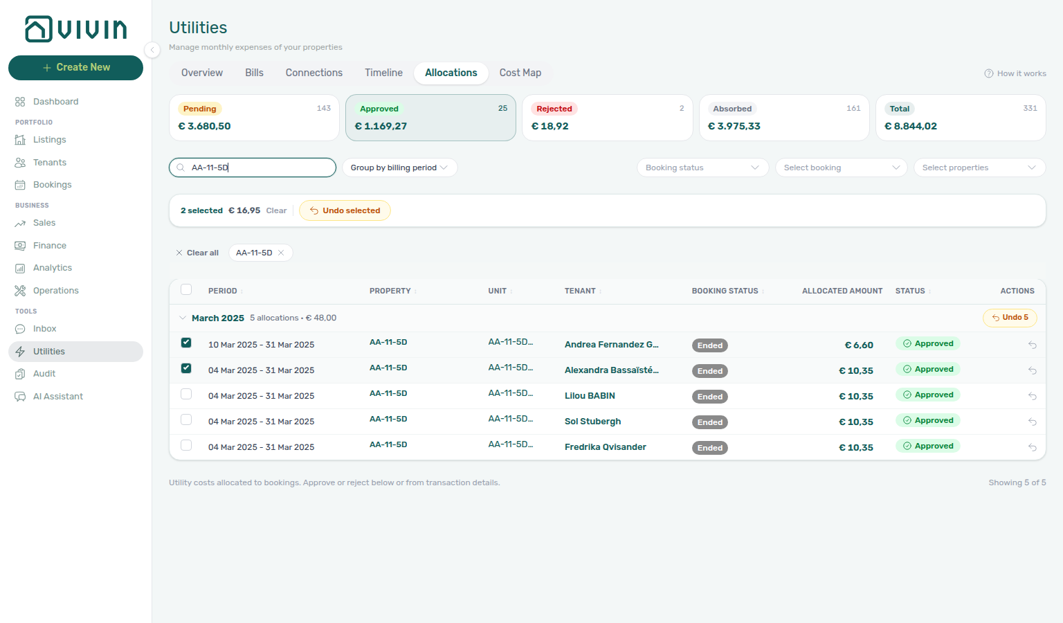 Utilities Allocations — two Approved rows selected with Undo selected bulk action