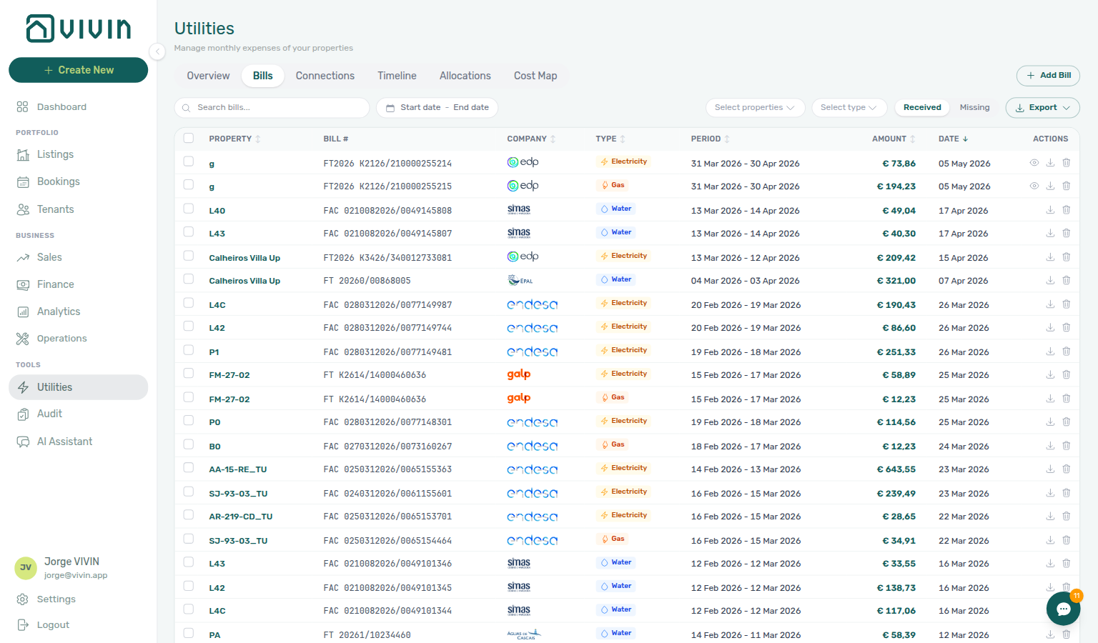 Utilities — Bills tab with date range, property and utility filters, and Add Bill for manual or AI-assisted entry