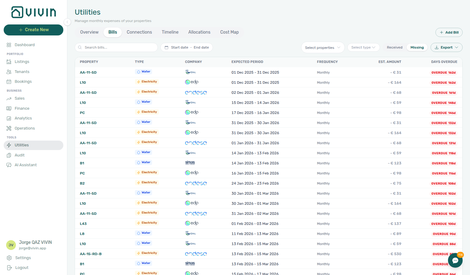 Utilities — Bills tab with Missing toggle showing expected-period gaps