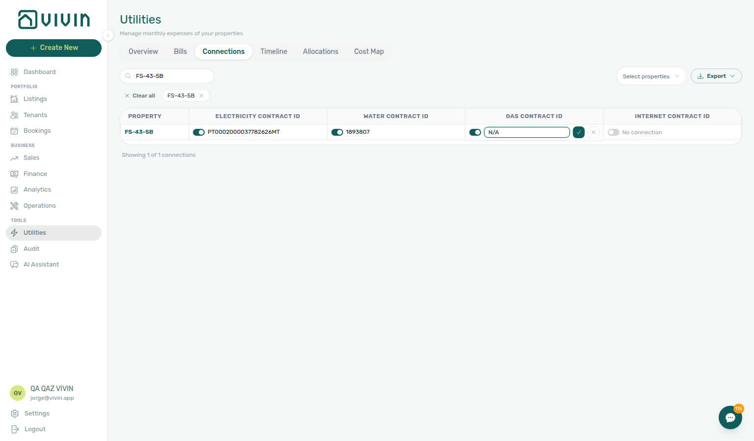 Utilities Connections — inline cell edit with toggle, input, and save / cancel controls