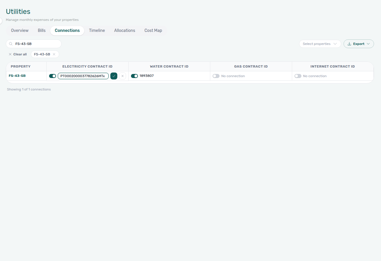 Utilities Connections — electricity contract ID in inline edit with Save and Cancel after the value changes