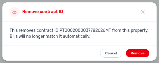 Utilities Connections — Remove contract ID confirmation naming the electricity ID, with Cancel and Remove