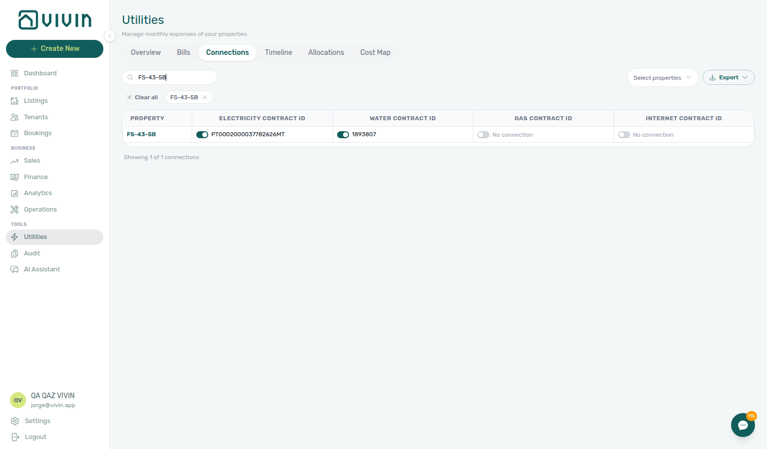 Utilities Connections tab — property grid with electricity, water, gas, and internet contract ID columns