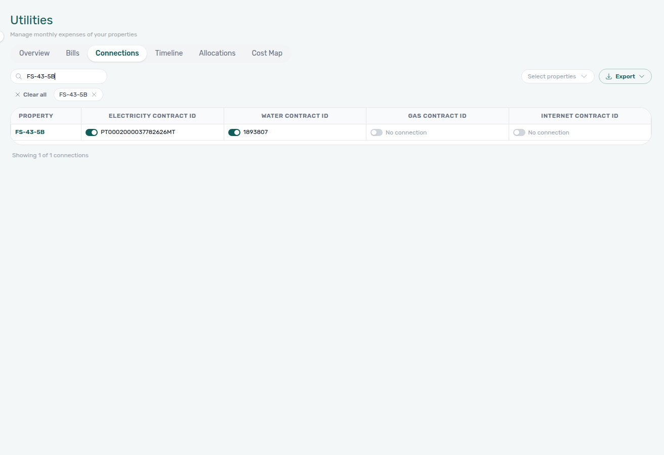 Utilities Connections — Search connections for one property, with saved electricity and water IDs and No connection on gas and internet