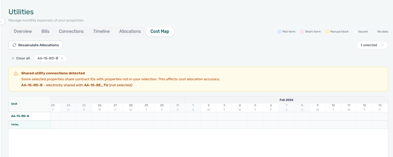 Utilities Cost map — Shared utility connections detected alert with one property selected