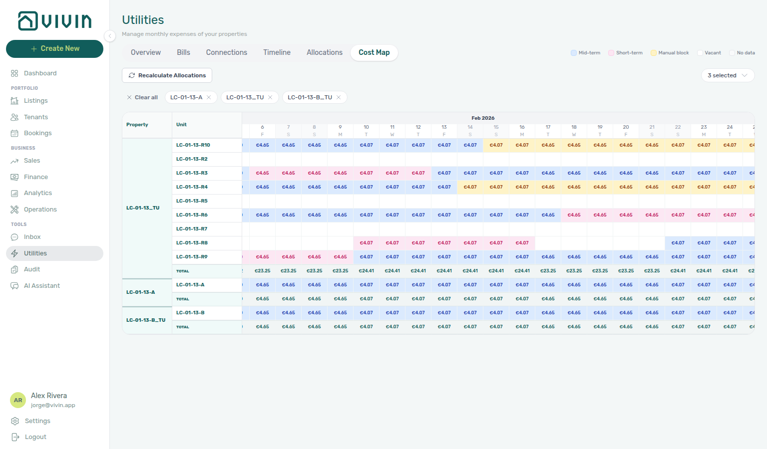 Utilities Cost map — all sibling buildings in scope, same euro share on each occupied room