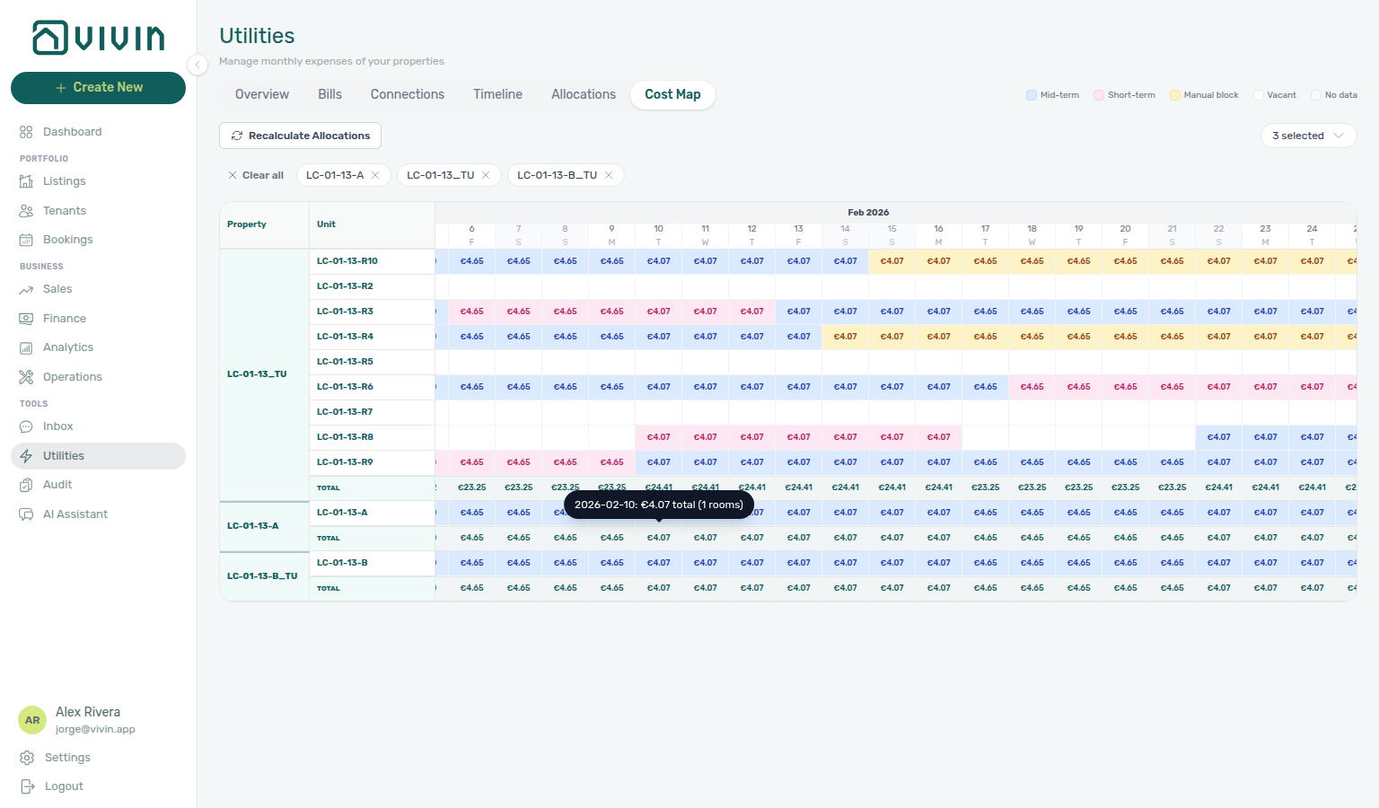 Utilities Cost map — Total cell tooltip for a shared-meter day (€4.07 total, 1 room)