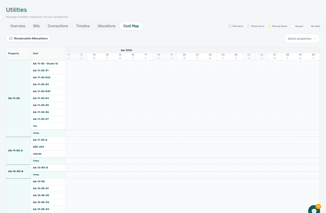 Utilities Cost map tab — listing × day matrix with legend and property scope