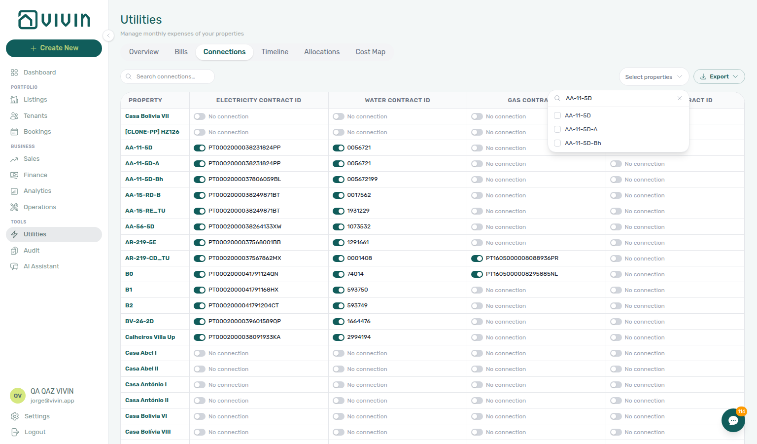 Utilities Connections — Select properties paged picker open after server search (example AA-11-5D)